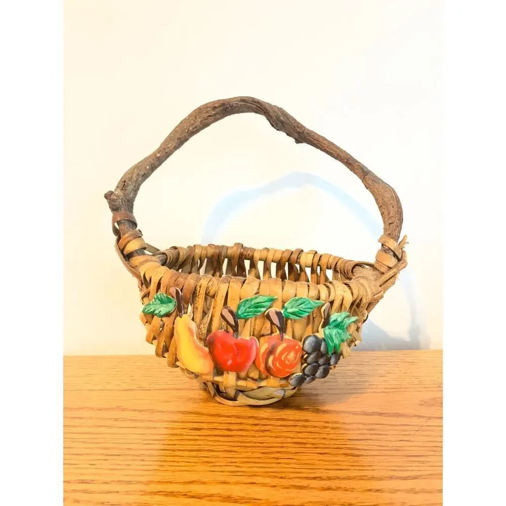 VTG Fruit Wicker Gathering Basket God's Eye Branch Handle Woven Hand Painted
